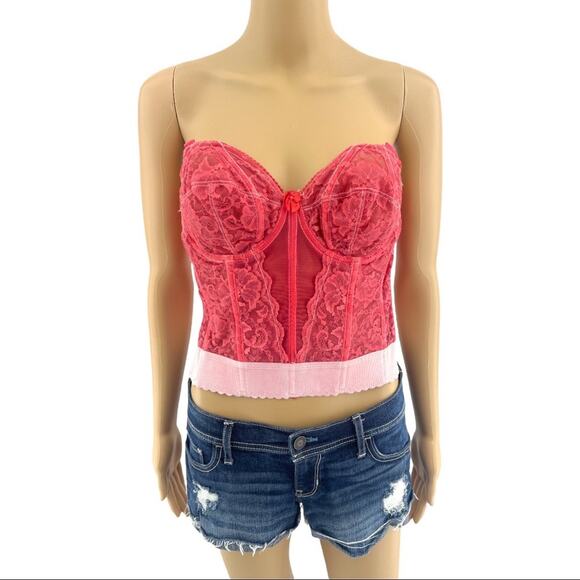 Goddess (36B) American VINTAGE 90s Red and Pink Hand Dyed Floral Lace Bustier - Picture 1 of 9